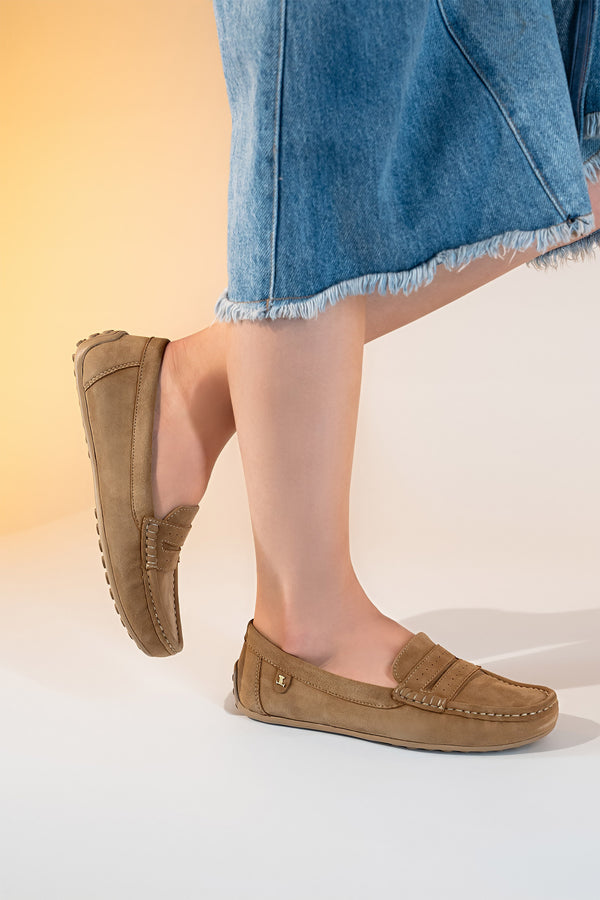 Women's winter suede leather moccasins in light brown colour with metal logo trim and moc toe by JULKE 