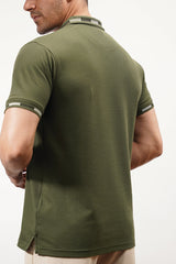 Mens summer polo shirt in olive green colour with ribbed collar and sleeves and contrast tipping by JULKE