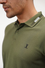 Mens summer polo shirt in olive green colour with ribbed collar and sleeves and contrast tipping by JULKE