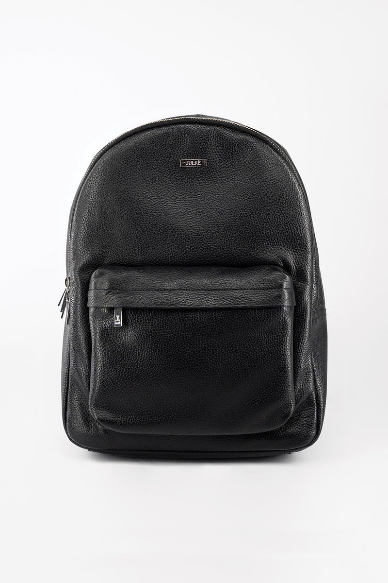 Soft leather curve top backpack in black colour with padded shoulder straps and extra pockets by JULKE