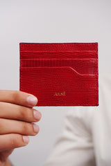 Mens original leather card holder with lizard texture in red colour by JULKE