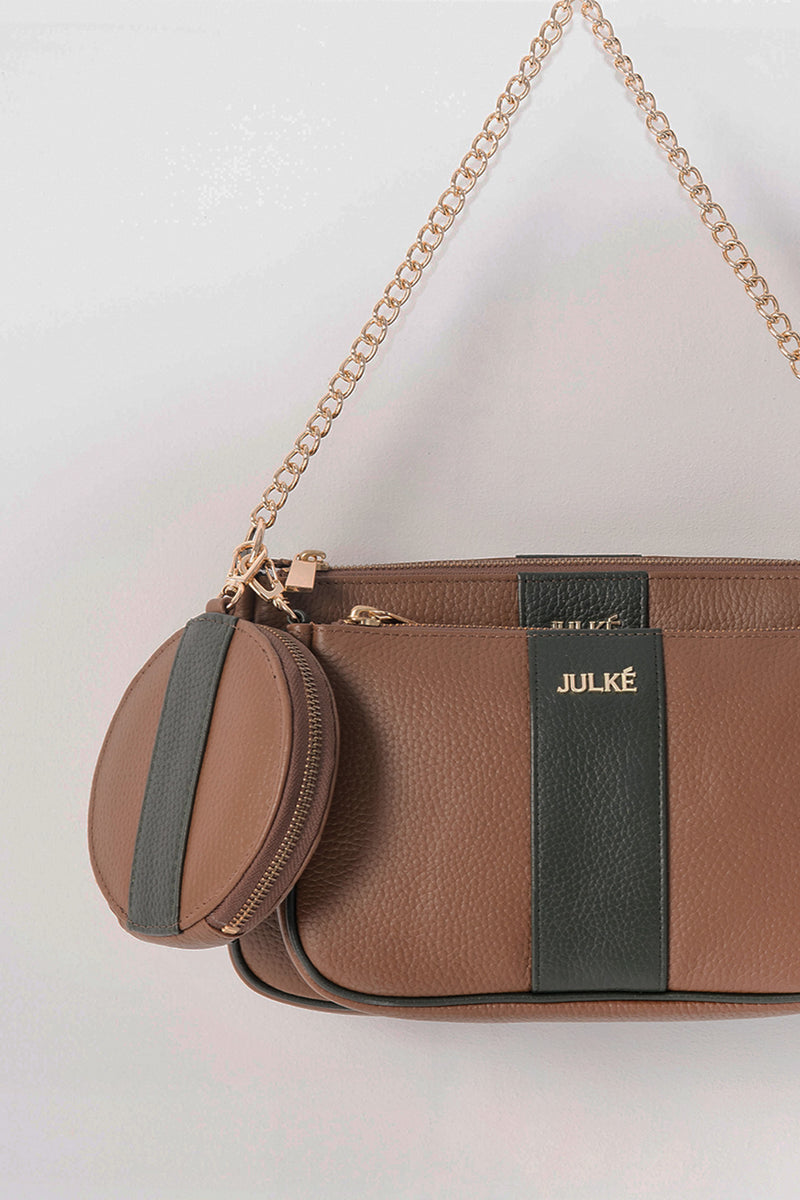 Womens leather shoulder bag 3 in 1 in brown colour with detachable pouches and gold chain by JULKE