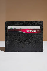 Mens leather card holder in black colour with croc texture and white contrast stitch around metallic hardware by JULKE