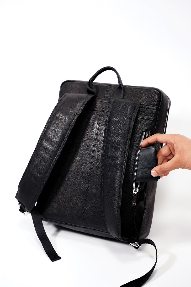 Mens original leather backpack in black colour in rectangle shape with travel pockets by JULKE