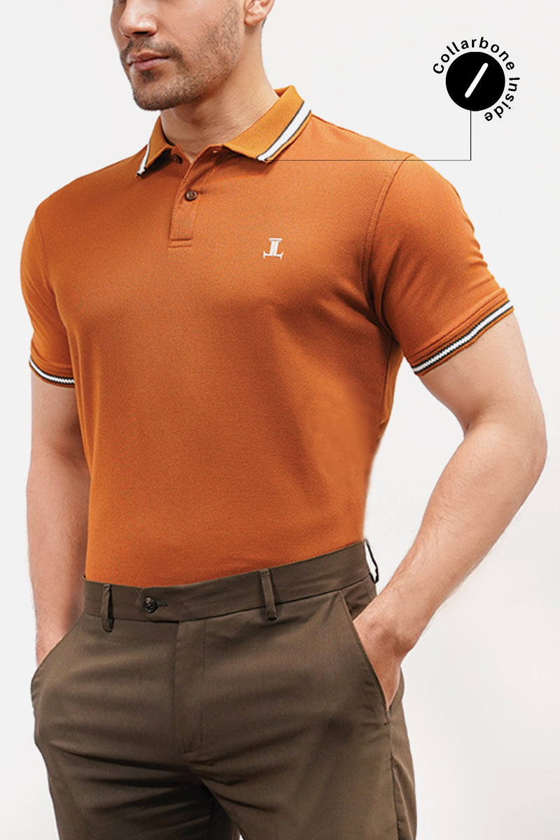 Mens summer polo shirt in ochre brown colour with collar and sleeves tipping by JULKE