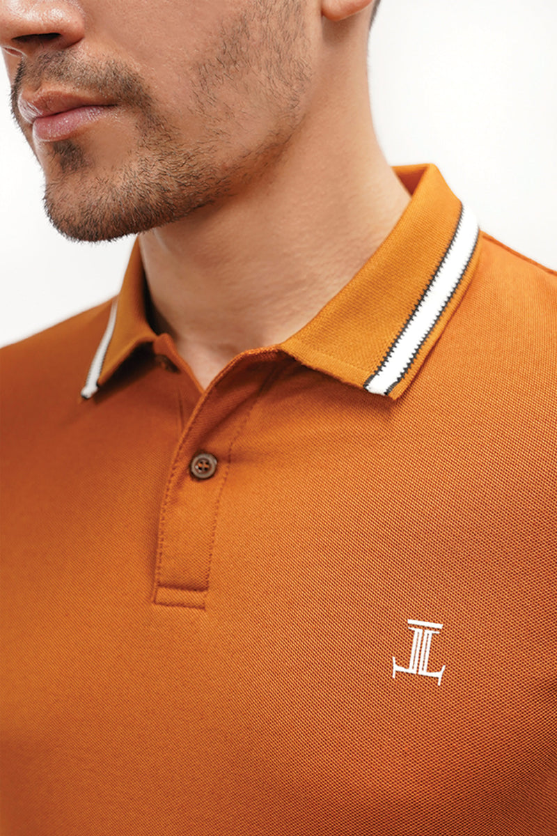 Mens summer polo shirt in ochre brown colour with collar and sleeves tipping by JULKE