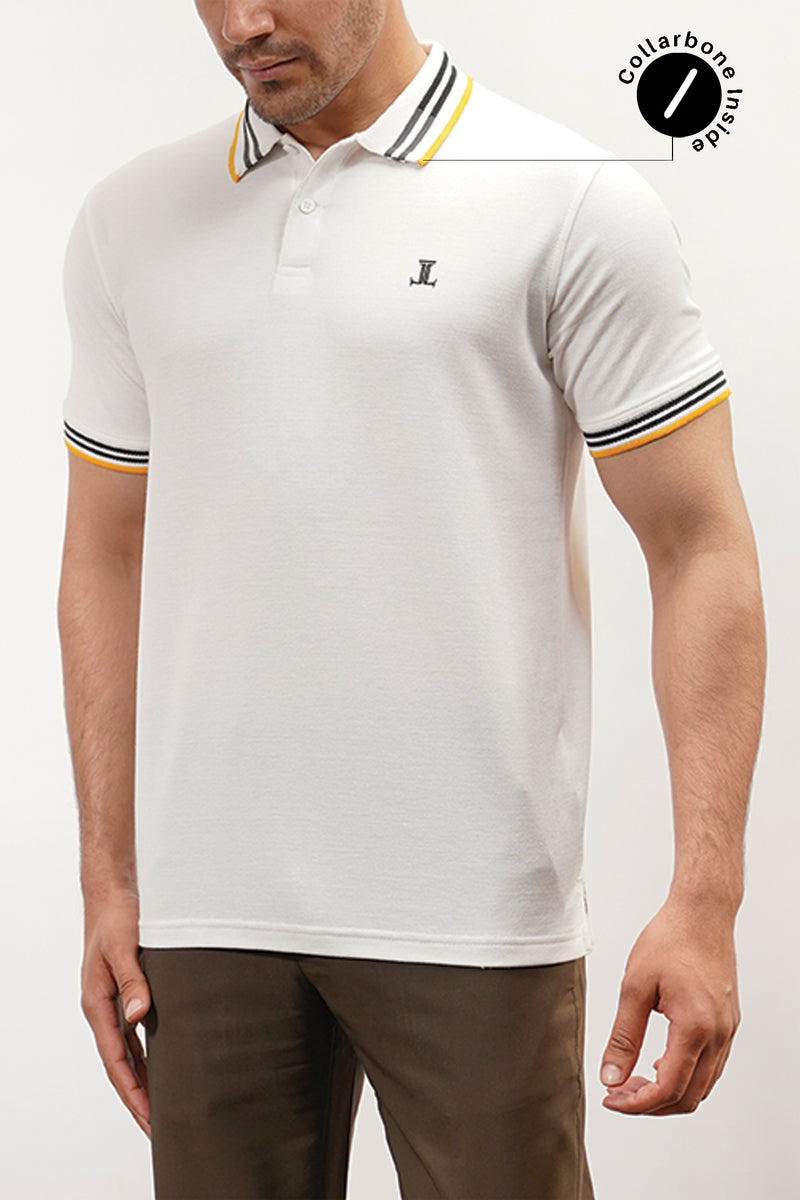 Mens summer polo shirt in white colour with collar and sleeves tipping by JULKE