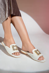 Women's leather flats shoes mule style in white colour with white floral lace and transparent diamante brooch by JULKE.