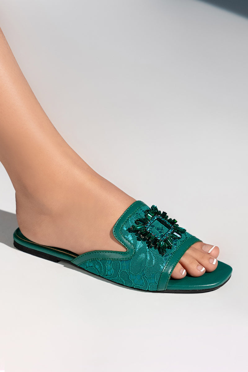 Women's leather flats shoes mule style in dark green colour with  floral lace and square green diamante brooch by JULKE.