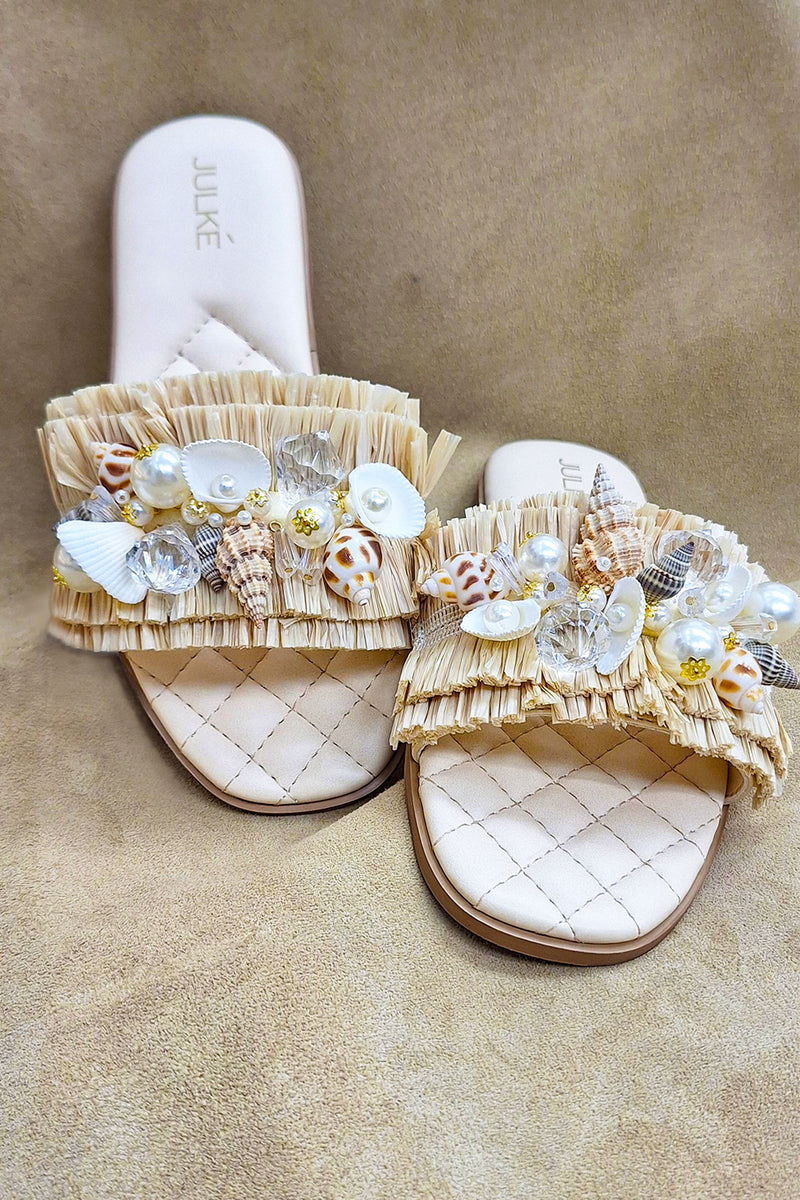 Women flat shoes with wide fit in light beige colour and seashell & pearl brooch by JULKE