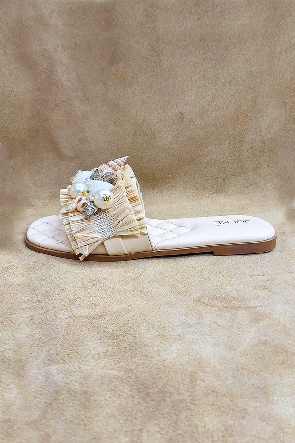 Women flat shoes with wide fit in light beige colour and seashell & pearl brooch by JULKE