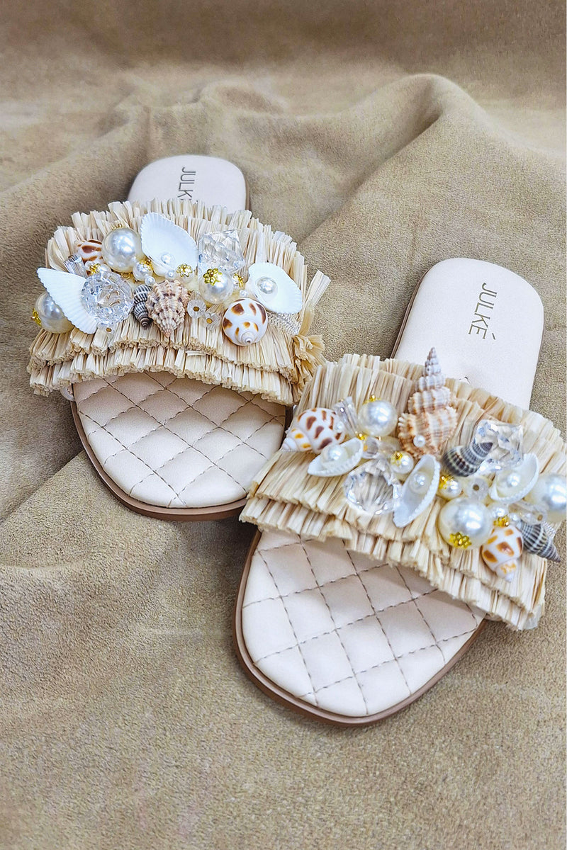 Women flat shoes with wide fit in light beige colour and seashell & pearl brooch by JULKE