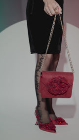 Womens satin slingback heels in dark red colour in pointed toe with diamante flower brooch and matching bag by JULKE