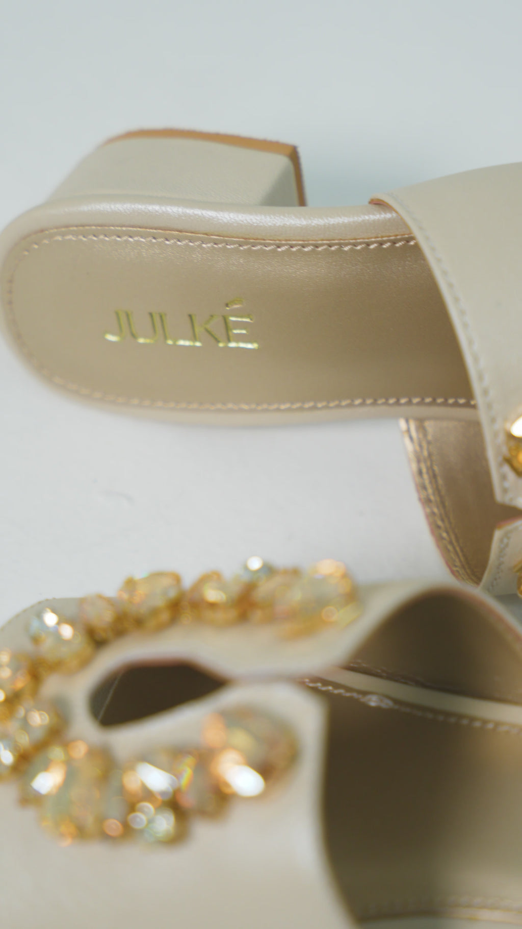 Womens leather block heels in off white colour with keyhole design and diamante & gem buckle by JULKE