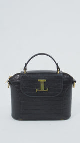 Womens leather shoulder bag with top handle in black colour with croc texture by JULKE