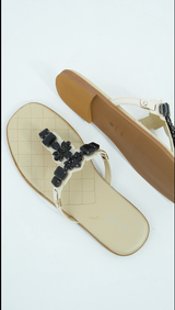 Women summer flat shoes in thong style in off white colour with black rhinestones by JULKE