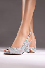 Women slingback heels peep toe in silver grey colour with diamantes by JULKE