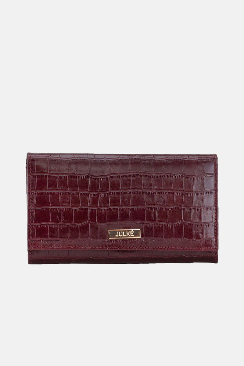 Womens leather long wallet in maroon colour crocodile texture by JULKE