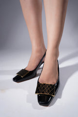 Women slingback heels in black colour with gold and black buckle by JULKE