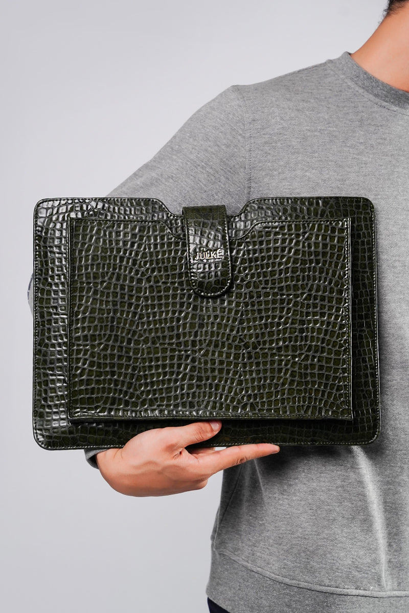 Leather laptop sleeve in green colour with crocodile texture by JULKE