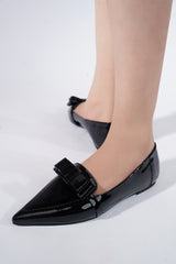 Womens leather pointed toe flat pump in black colour with bow by JULKE