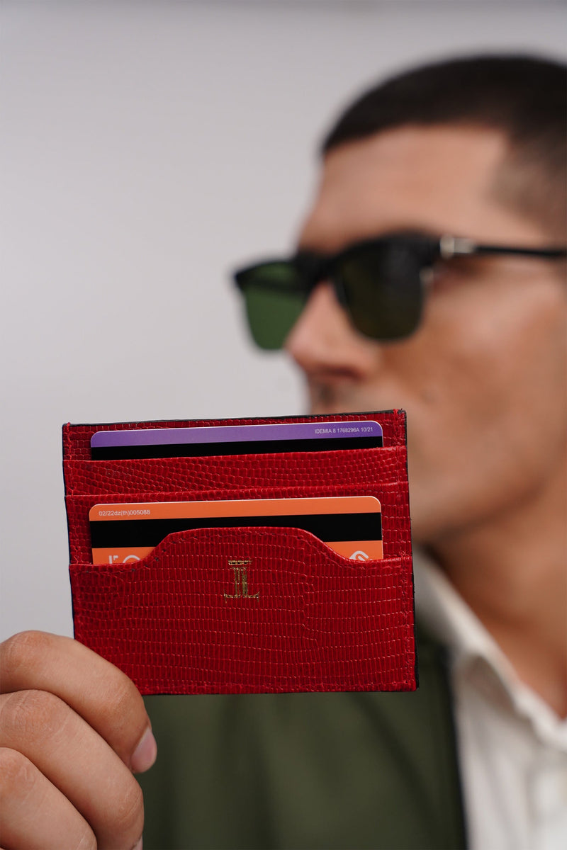 Mens original leather card holder with lizard texture in red colour by JULKE